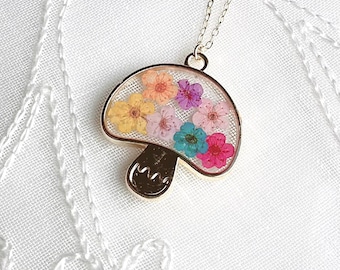 Handmade Mushroom Necklace Beloved Gift Real Pressed Flowers, Gold Plated Pendant, Valentines Love Gift for Her