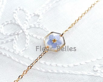 Forget Me Not Real Pressed Flower Bracelet, Small Hexagon, Handmade Gold Plated Flowers, Chain & Link Bracelets, Jewellery Lover Gift