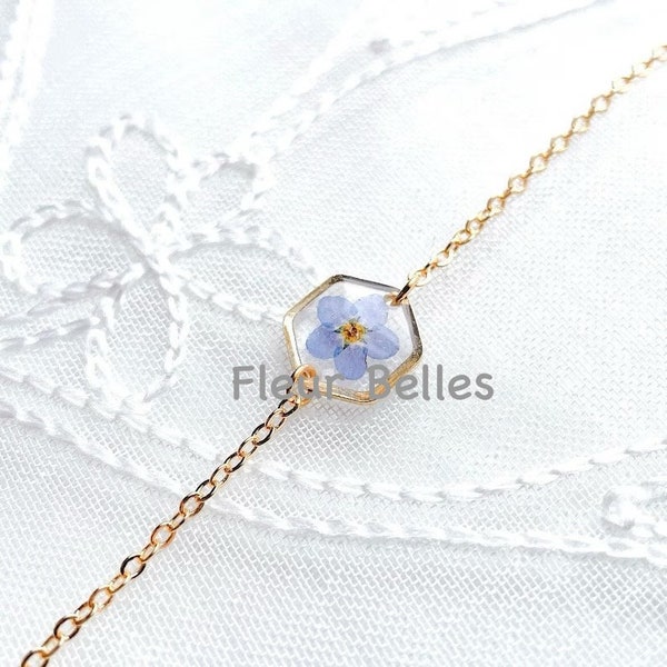 Forget Me Not Real Pressed Flower Bracelet, Small Hexagon, Handmade Gold Plated Flowers, Chain & Link Bracelets, Jewellery Lover Gift