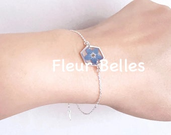 Forget Me Not Bracelet, Sterling Silver Bracelet, Pressed Flowers Handmade Tiny Small Hexagon Bracelet, Chain & Link Bracelet, Gift for her