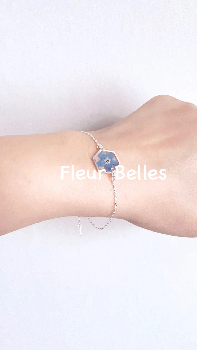 Forget Me Not Bracelet, Sterling Silver Bracelet, Pressed Flowers Handmade Tiny Small Hexagon Bracelet, Chain & Link Bracelet, Gift for her image 4