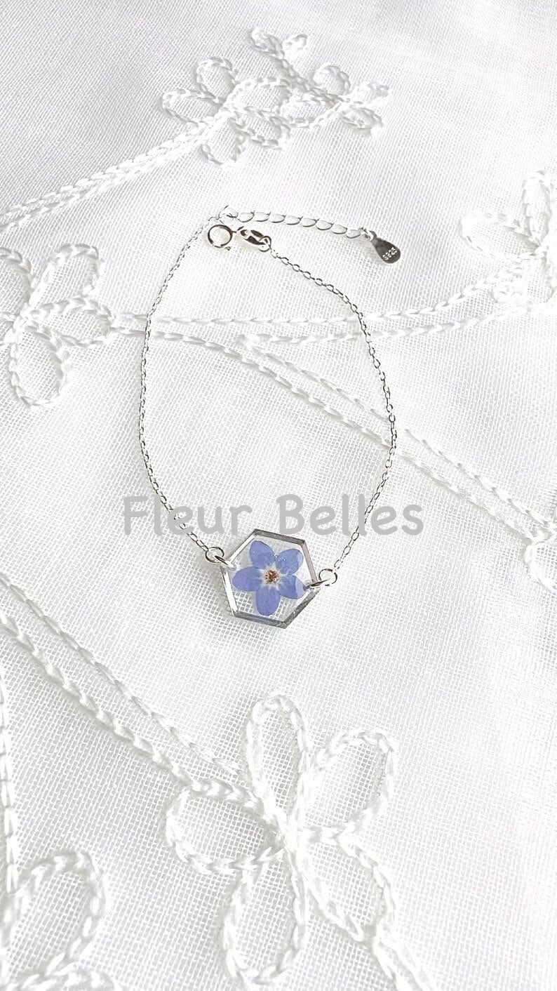 Forget Me Not Bracelet, Sterling Silver Bracelet, Pressed Flowers Handmade Tiny Small Hexagon Bracelet, Chain & Link Bracelet, Gift for her image 6