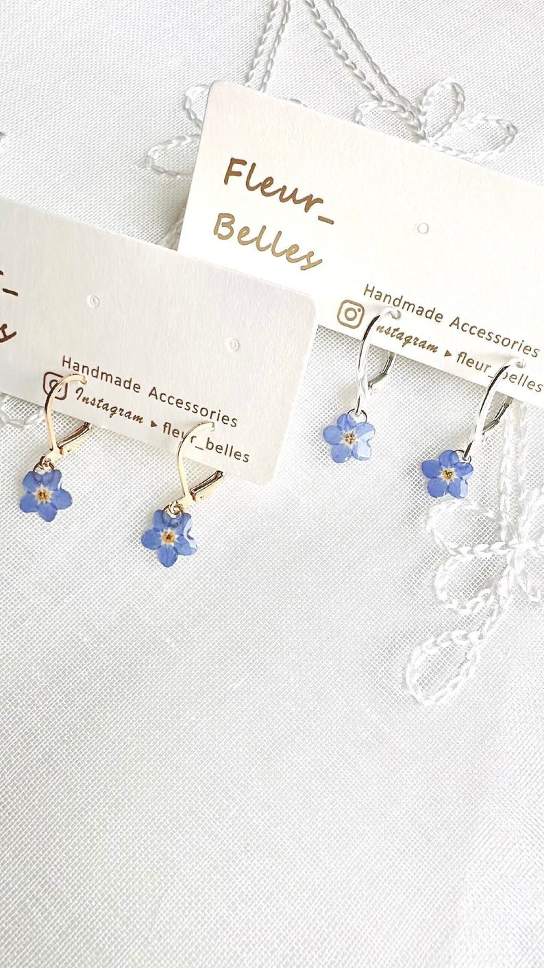 Real Forget Me Not Dangle Earrings, Handmade Tiny Real Pressed Flower Earrings, Sterling Silver, Gold Plated, Jewellery Lover, Gift for her image 7