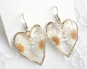 Real Daisy Earrings Heart Shaped Handmade White Pressed Flower Gold Dangles April Birth Love Gift for Her Beloved Christmas Gift for Her