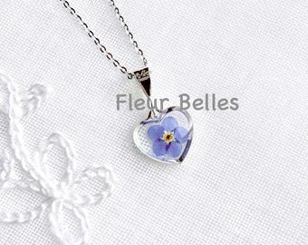 Real Forget Me Not Heart Shaped Necklace Handmade Blue Pressed Flower Sterling Silver Memory Beloved Gift Valentines Love Gift for Her