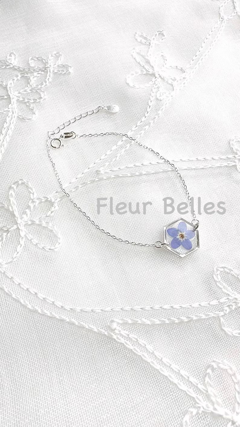 Forget Me Not Bracelet, Sterling Silver Bracelet, Pressed Flowers Handmade Tiny Small Hexagon Bracelet, Chain & Link Bracelet, Gift for her image 2