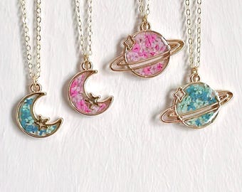 Real Flower Moon Galaxy Necklace Handmade Flower Galaxy Space Pendant Memory Beloved Gift Birthday Valentines Love Gift for Her