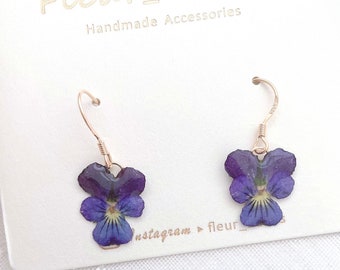 Handmade Pressed Flowers Gold Plated Tiny Small Violas, Pansies Purple Dangle Earrings, Real pressed flowers, Special, Gift for her