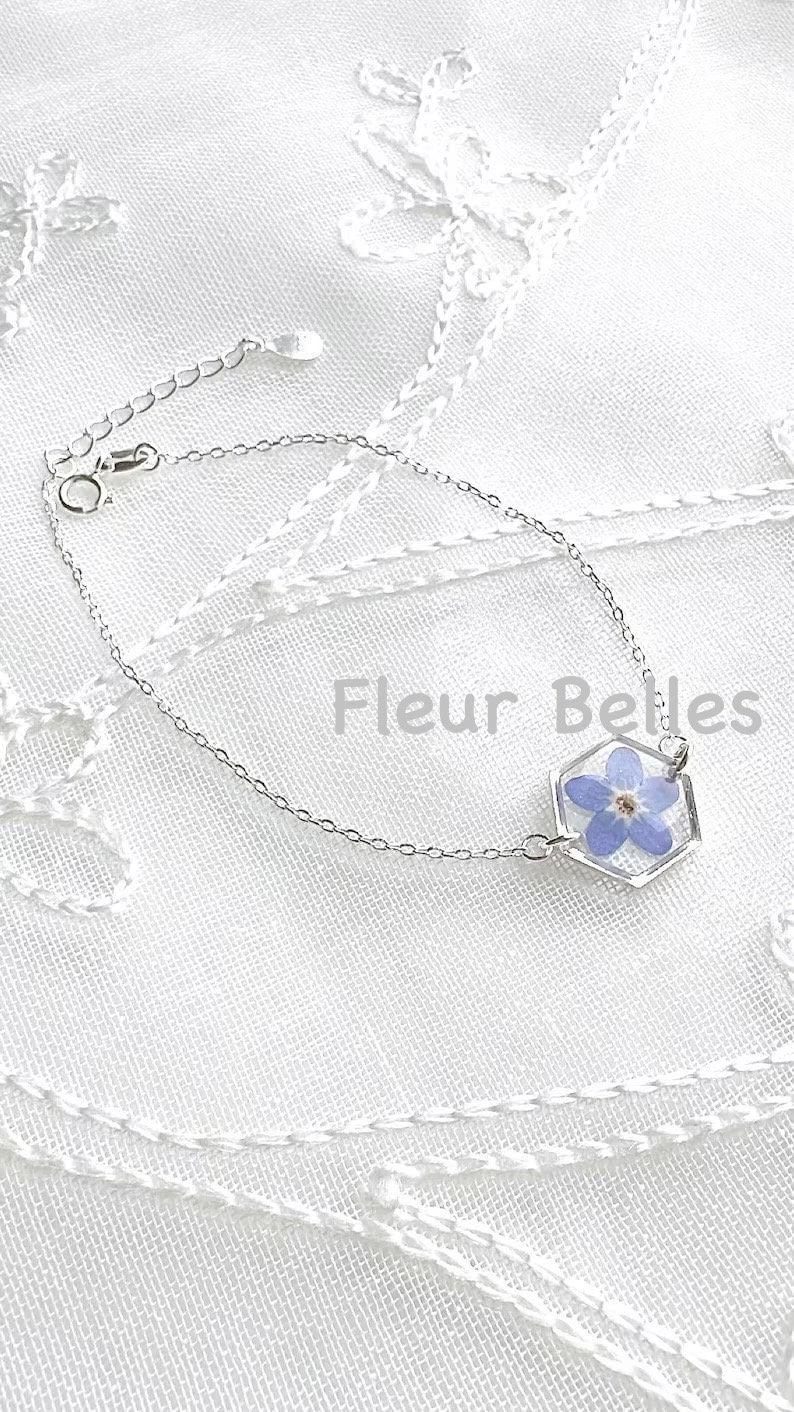 Forget Me Not Bracelet, Sterling Silver Bracelet, Pressed Flowers Handmade Tiny Small Hexagon Bracelet, Chain & Link Bracelet, Gift for her image 3