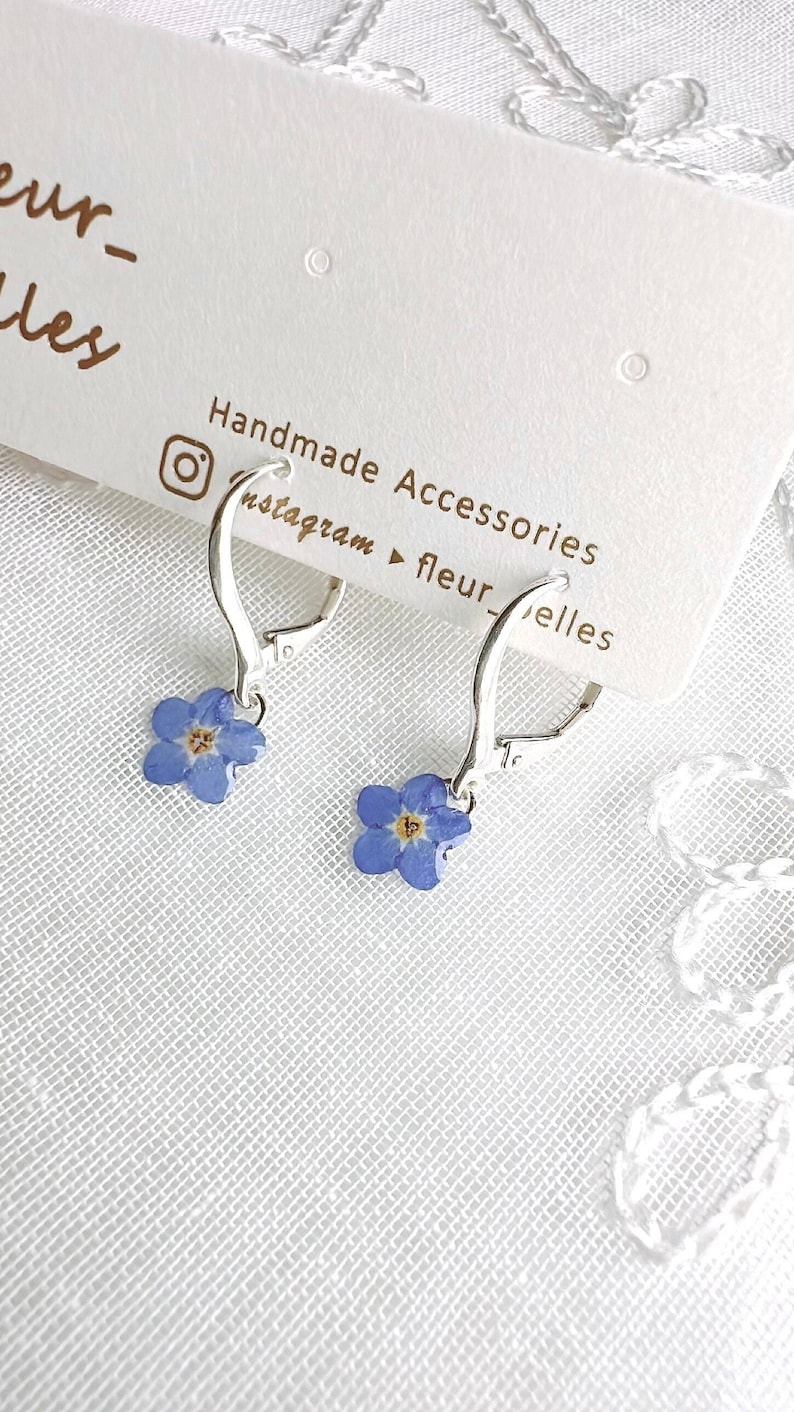 Real Forget Me Not Dangle Earrings, Handmade Tiny Real Pressed Flower Earrings, Sterling Silver, Gold Plated, Jewellery Lover, Gift for her Sterling Silver