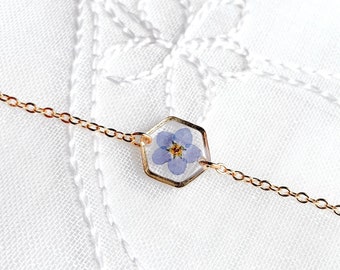 Forget Me Not Real Pressed Flower Bracelet, Small Hexagon, Handmade Gold Plated Flowers, Chain & Link Bracelets, Jewellery Lover Gift