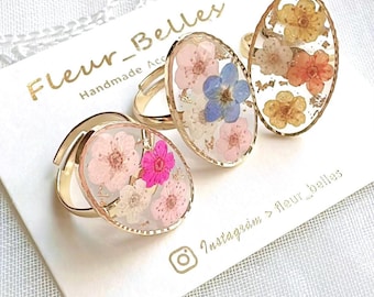 Real Forget Me Not Ring Handmade Pressed Flower Oval Adjustable Ring Gold Plated Special Memory Mother Birthday Valentines Love Gift for Her
