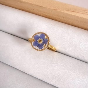 Forget Me Not Ring Handmade Gold Plated Blue Real Pressed Flower Adjustable Ring Special Memory Birthday Christmas Love Gift for her