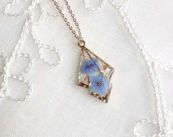 Forget Me Not Real Flower Necklace, Handmade Gold Plated Handkerchief Style Pendant, Blue Flowers, Jewellery Lover, Gifts for Her