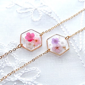 Handmade Pressed Flowers Gold Plated Hexagon Bracelet with Real flowers, Pink, White, Purple, Chain & Link Bracelets, Gift for Her