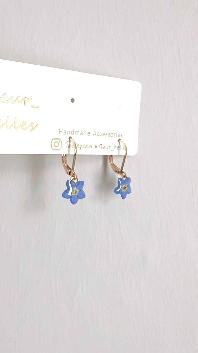 Real Forget Me Not Dangle Earrings, Handmade Tiny Real Pressed Flower Earrings, Sterling Silver, Gold Plated, Jewellery Lover, Gift for her image 10