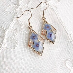 Forget Me Not Pressed Flowers Dangle Earrings, Handmade Gold Plated Handkerchief Style Earrings, Blue Flowers, Jewellery Lover, Gifts to Her