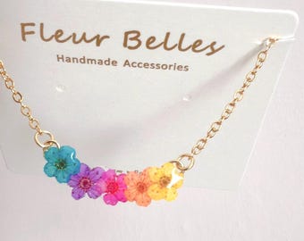 Colourful Pressed Flower Necklace Handmade Gold Plated Floral Pendant Pride Accessory Beloved Gift Memory Birthday Christmas Gift for Her