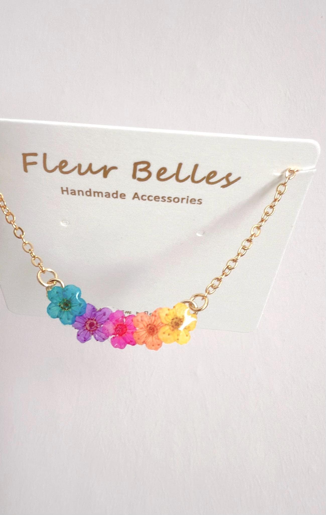カラフルな押し花ネックレス ハンドメイド 金メッキ 花柄ペンダント 