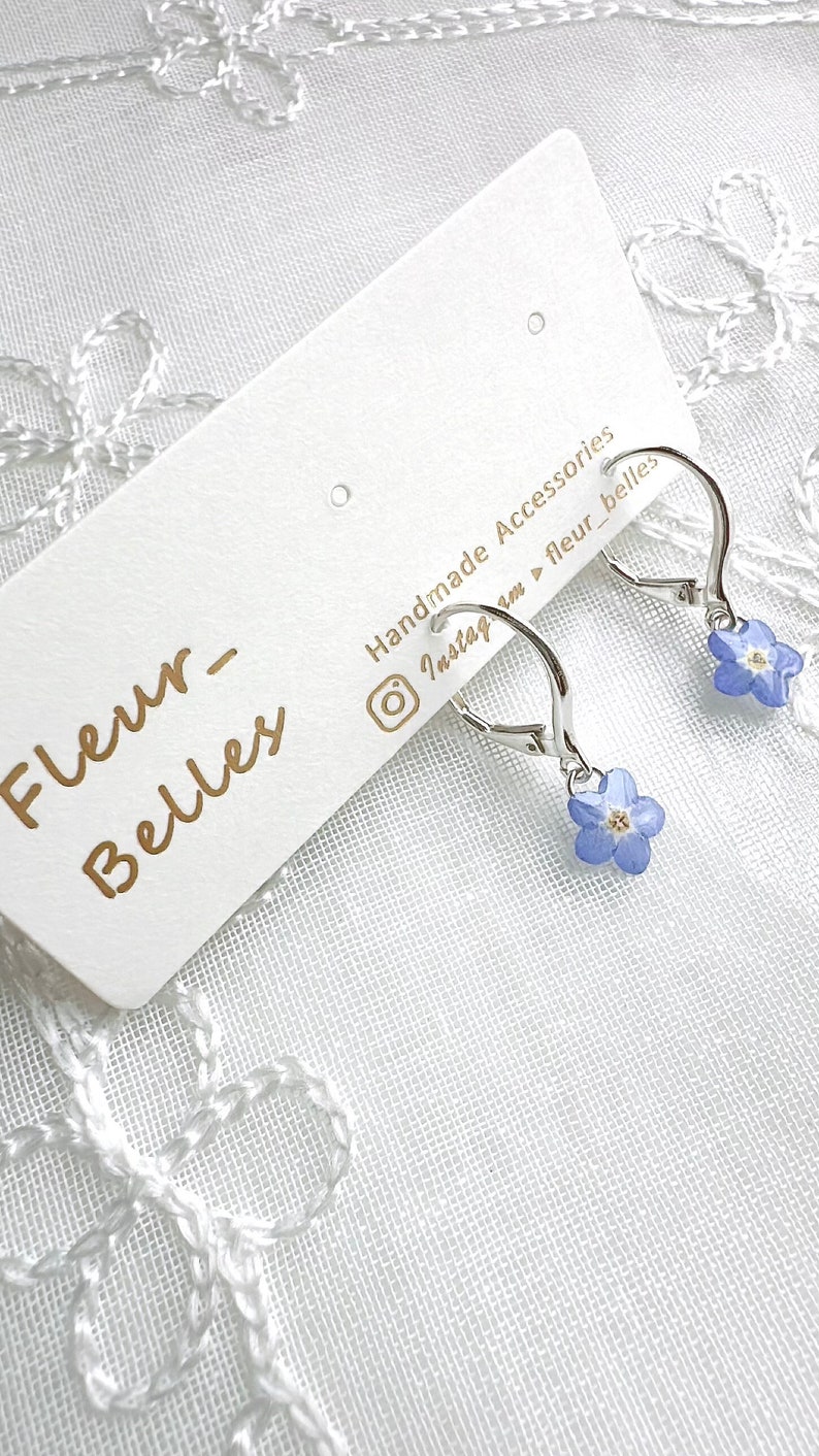Real Forget Me Not Dangle Earrings, Handmade Tiny Real Pressed Flower Earrings, Sterling Silver, Gold Plated, Jewellery Lover, Gift for her image 6