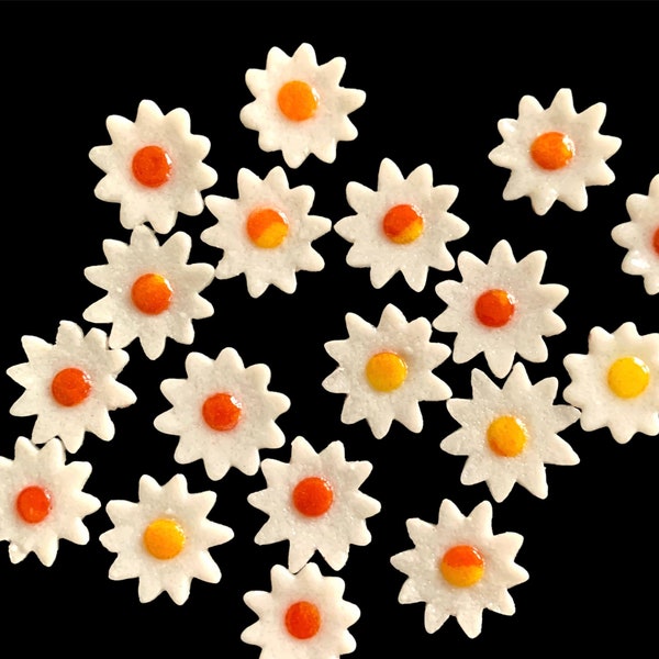 COE 96 fused glass flower, daisies,  white with yellow/orange center - 5/8 inch - pack of 9
