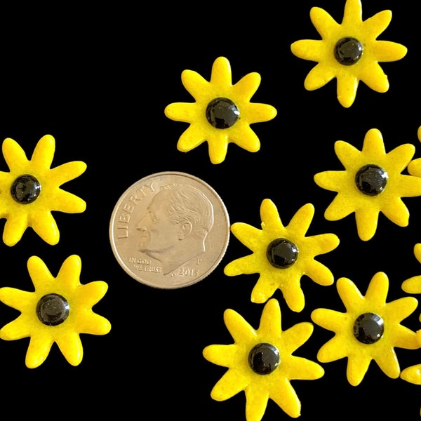 COE 96 fused glass flower, 5/8 inch  yellow with black center. 8 petals, daisy  - pack of 10
