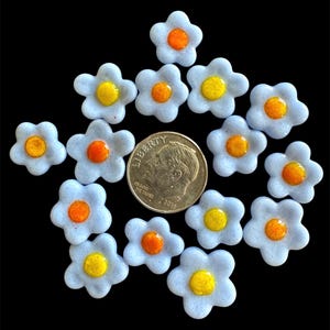Peut inclure: Un ensemble de petites perles en forme de fleurs bleu clair avec des centres orange ou jaunes. Une pièce de 10 cents américaine est incluse pour la comparaison de taille. Les perles sont disposées sur un fond noir.