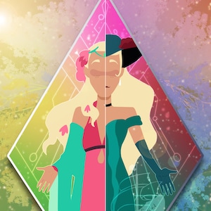 Può includere: Un'illustrazione digitale di una donna con i capelli biondi che indossa un vestito rosa e turchese. La donna è divisa a metà, con un lato che indossa un vestito turchese e l'altro lato che indossa un vestito rosa. Lo sfondo è un gradiente di rosa, arancione e verde.