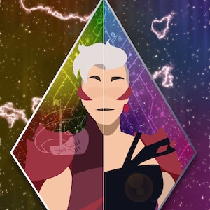 Può includere: Stampa d'arte digitale con un ritratto diviso di un personaggio con capelli bianchi, accenti rossi e un abito nero. Lo sfondo è una galassia colorata con fulmini e stelle. L'opera d'arte ha una forma geometrica.