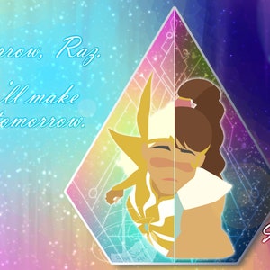 Può includere: Un'illustrazione digitale di due personaggi, uno con una corona dorata e l'altro con i capelli castani, in piedi in una cornice a forma di diamante. Lo sfondo è un gradiente di rosa, blu e viola con un effetto scintillante. Il testo "Domani, Raz. Faremo la torta domani. Lo prometto." è scritto nell'immagine.