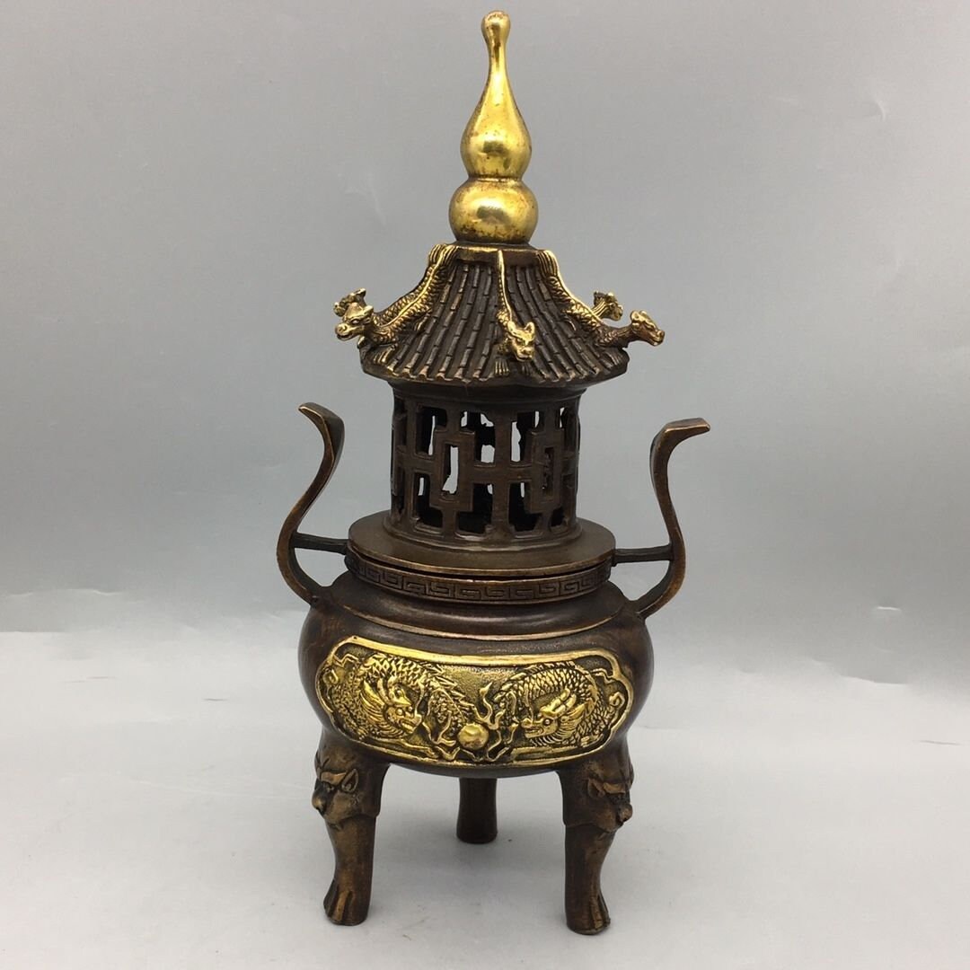Chinese Antique Pure Copper Gilt Pagoda Incense Burner Carving Double