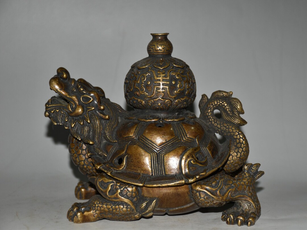 Ancient Chinese Pure Copper Bronze Dragon Turtle Incense Burner Statue