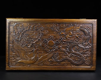 Chinese Antique Hand Carved large rosewood carved dragon and Phoenix pattern treasure chest ornaments