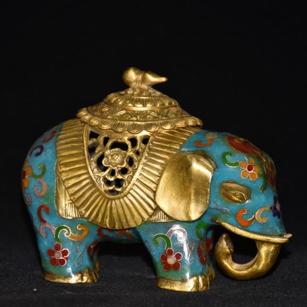 Decoración de quemador de incienso de elefante ahuecado de cloisonné de cobre puro antiguo chino, vale la pena coleccionarlo y usarlo