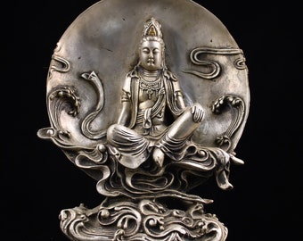 Chinese antique pure copper gilt silver hand carved Guanyin Buddha statue ornaments,exquisite and rare,beautiful shape