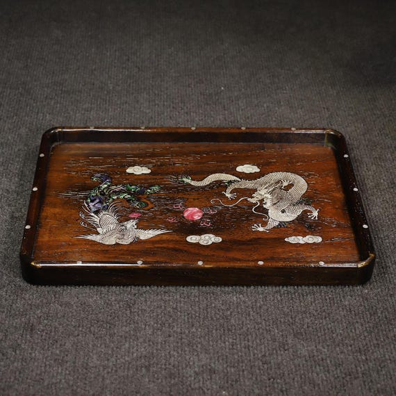 Chinese Hand Carved Rosewood Wrapped Copper Inlaid Shell