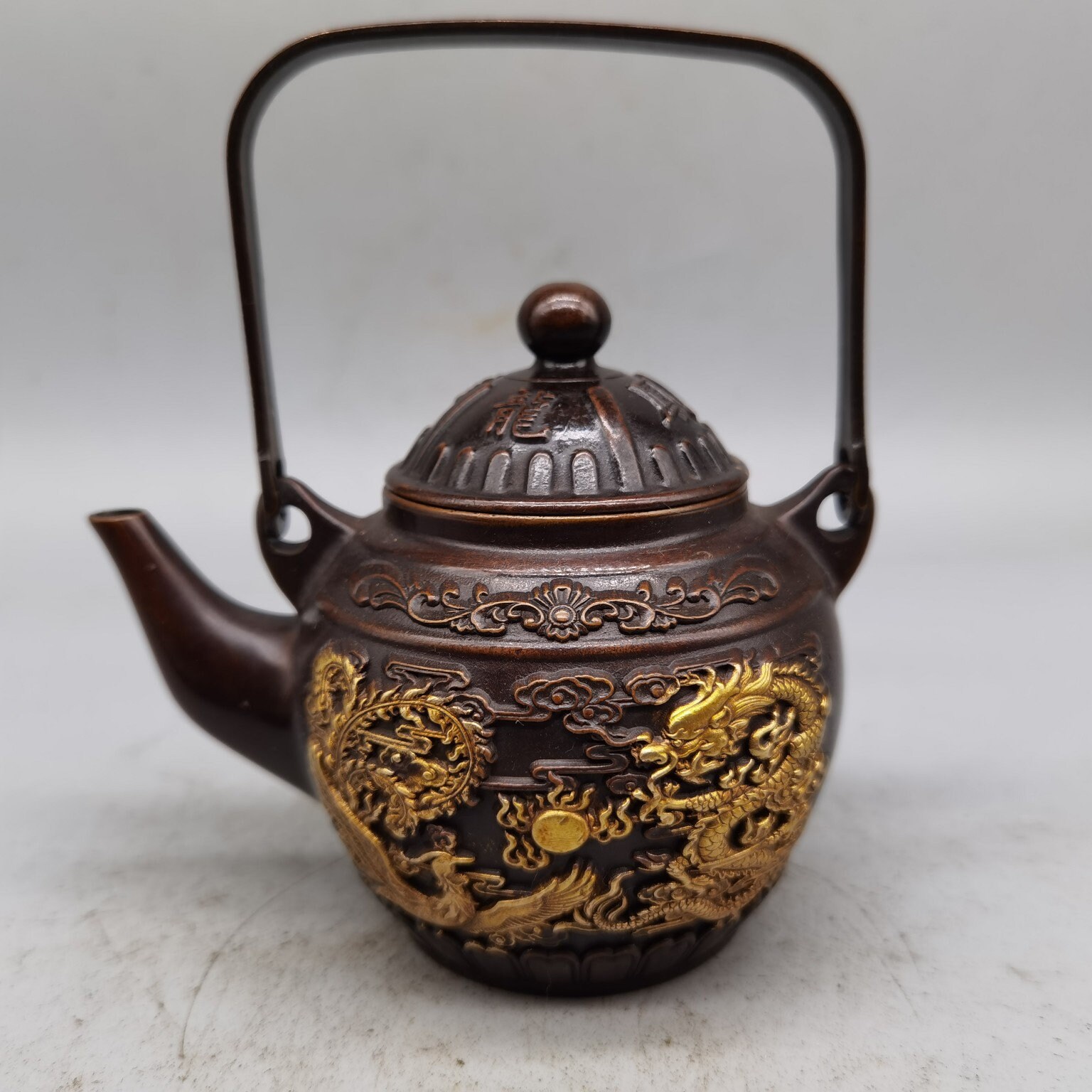 Chinese antiques pure copper, red copper hand carving dragon and phoenix statue teapot wine pot ornament