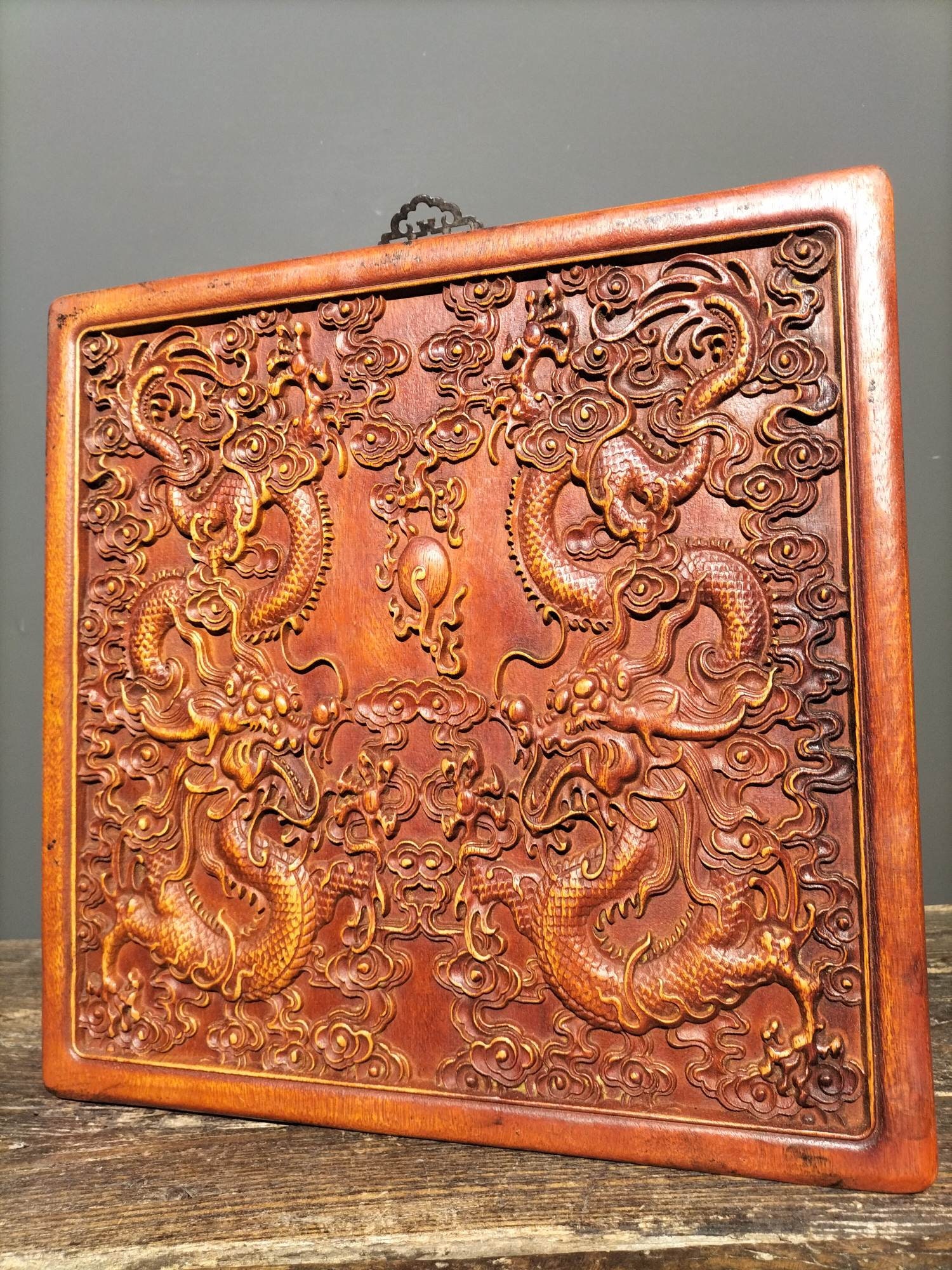 Hand carved natural old rosewood [double dragons playing with beads] hanging screen decoration