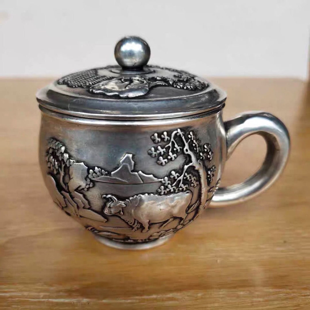 Chinese Antique Tibetan Silver Tea Cup and Tea Set Kettle Handle Kettle