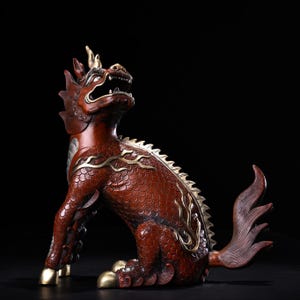 Chinese antique handmade carved pure copper high relief gilded silver Kirin Beast statue ornament,furniture decor,unique and exquisite