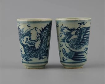Collect a pair blue and white porcelain hand-painted dragon and phoenix pattern Kung Fu tea cup wine cup fgt