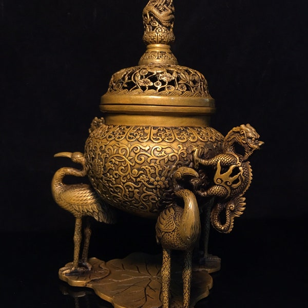 Chinese antique pure hand carved pure copper Crane statue dragon pattern Incense Burner,exquisite and precious,worth collecting