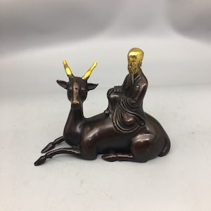 Chinese pure hand carved pure copper gilt Fu Lu Shou statue small ornaments,exquisite and unique, worth collecting