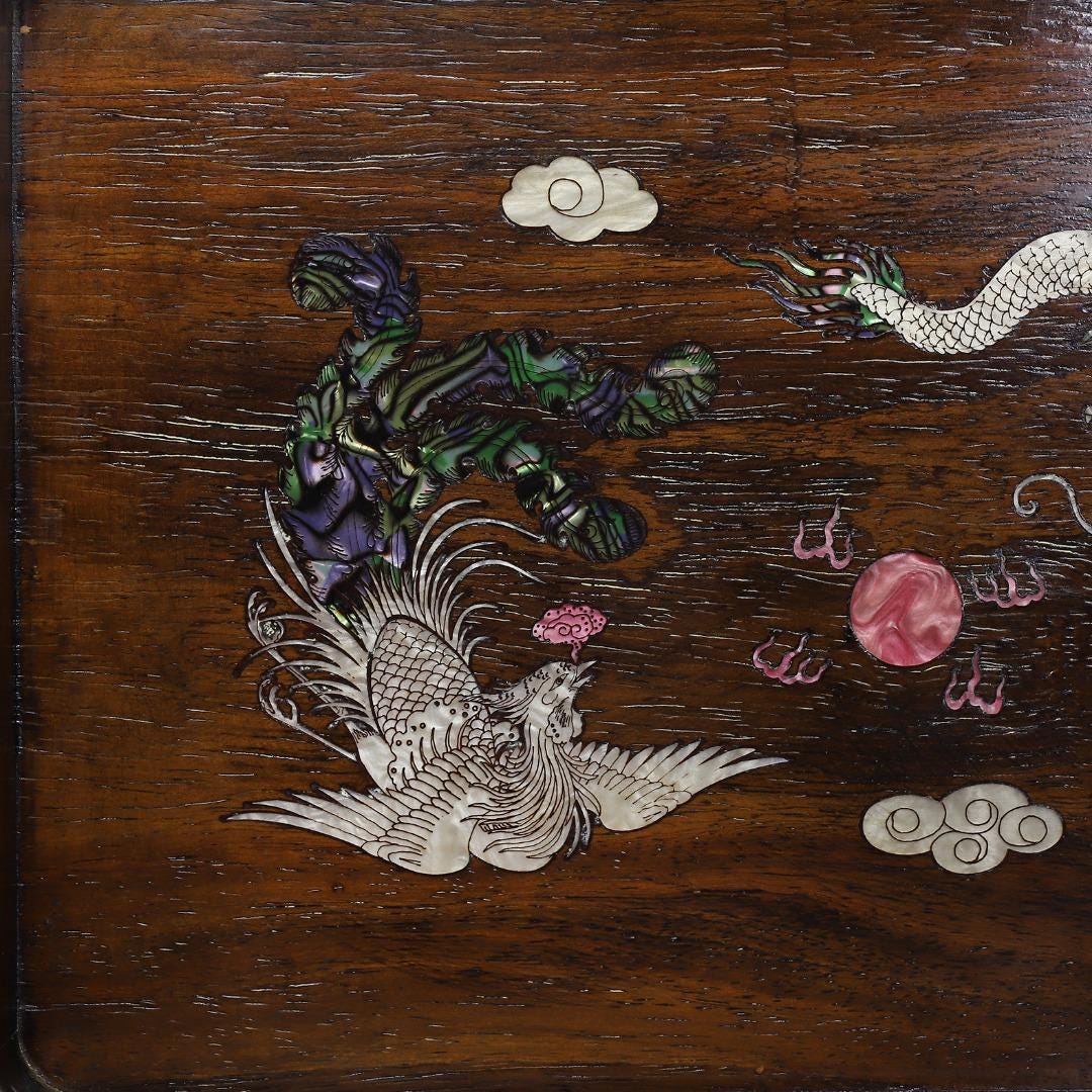 Chinese Hand Carved Rosewood Wrapped Copper Inlaid Shell