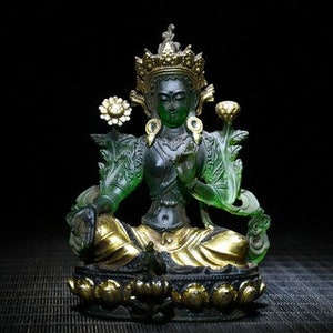 Collection antique coloured glaze painted Green Tara Buddha statues precious unique ornaments