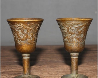 Antique collection a pair of dragon and Phoenix pure brass wine glasses bronze ornaments