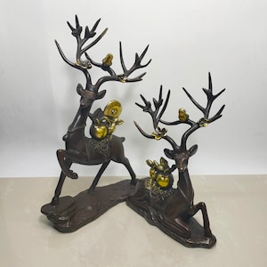 Chinese antique pure hand-carved pure copper gilt deer statue ornaments a pair,home decor,exquisite and precious,worth collecting