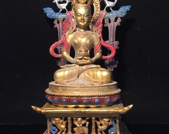 Chinese antique pure hand-carved pure copper gilt with base painted longevity Buddha statue ornament,exquisite and rare