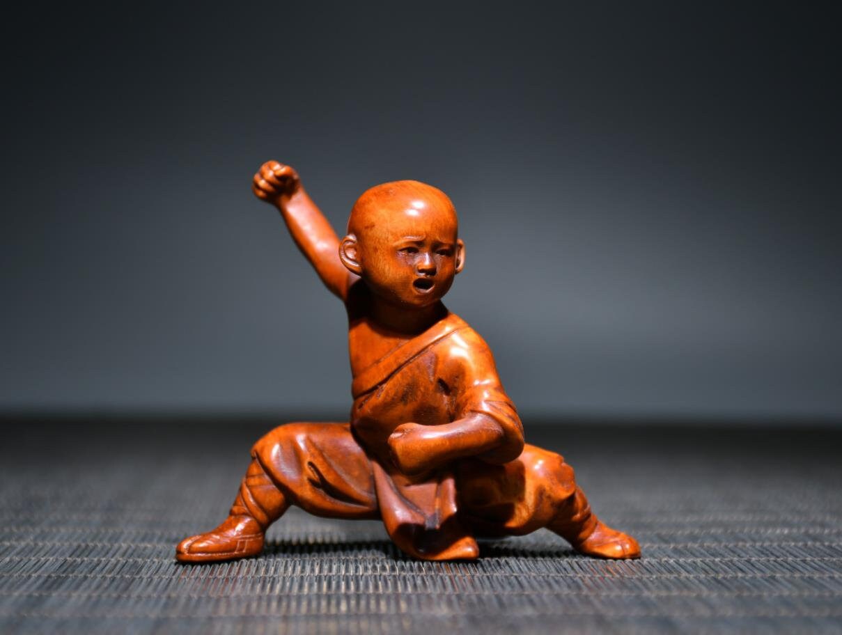 A set of Chinese antique hand-carved boxwood Kung Fu little monk statue,pure hand carved pattern,precious and unique