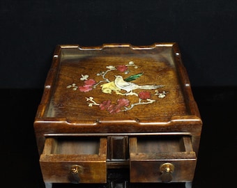 Hand carved rosewood inlaid shell flowers and birds pattern tea table storage box ornaments